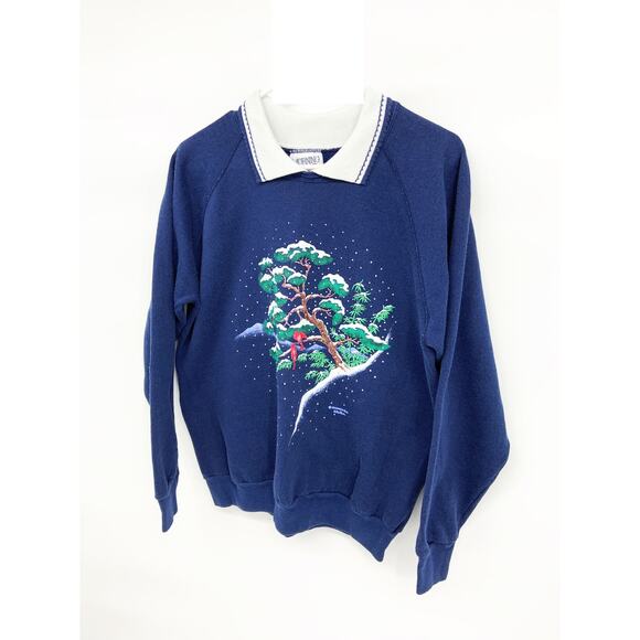 Vintage Morning Sun Cardinals Snow Dark Blue Collared Printed Sweatshirt Size XL - Picture 2 of 10